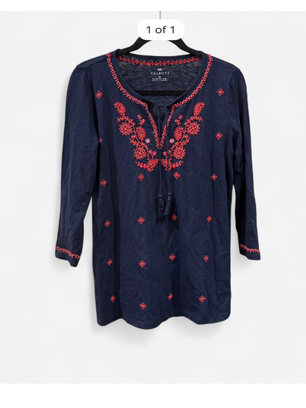 Talbots Navy Tunic top size XS Embroidered 100%Cotton boho resort wear summer